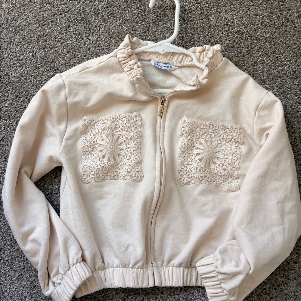 Mayoral Cream Girls Zip-Up Jacket with Crocheted Front Detail